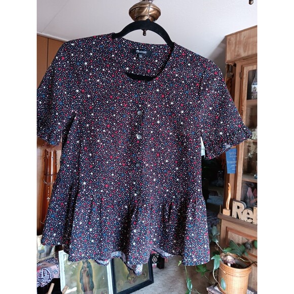 Madewell size xxs linen short sleeve ruffle hem shirt tiny star pattern NWT - Picture 1 of 5